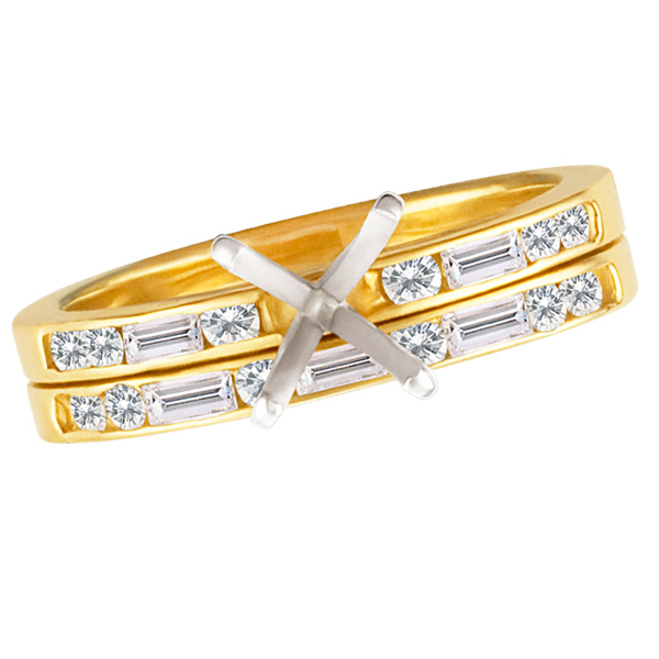 Round brilliant & baguettes diamonds wedding band & mounting ring to set approx. 1.00  carat round brilliant, in 18k yellow gold