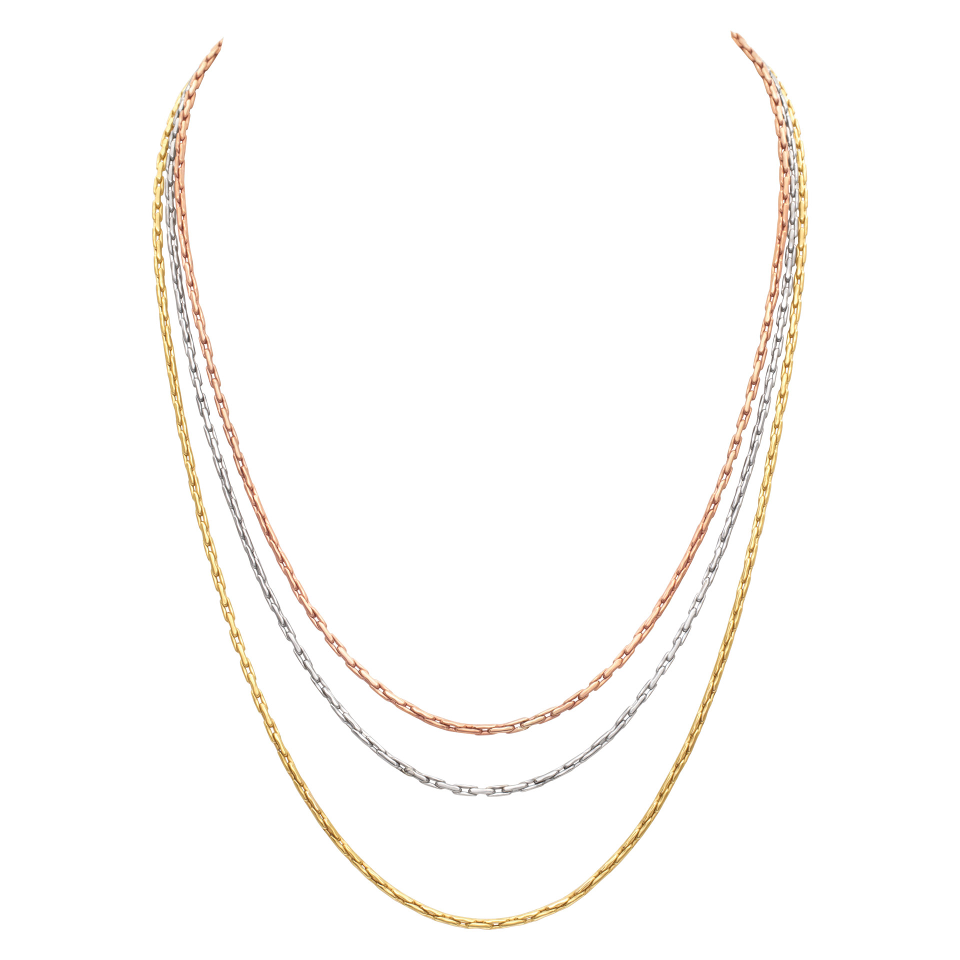 Multi color three row chain necklace in 14k white, yellow and rose gold