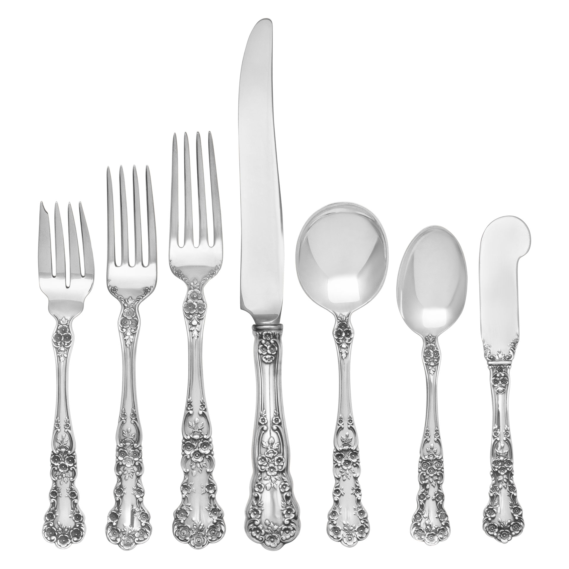 "BUTTERCUP" Sterling Silver Flatware Set, ptd by Gorham in 1899- TOTAL 115 PIECES,.
