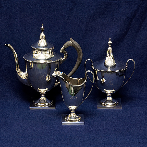 ETRUSCAN by Gorham, 3 pieces Sterling Silver tea set, patented in 1913. Total approx weight: 51.56 ounces troy of .925 sterling silver.