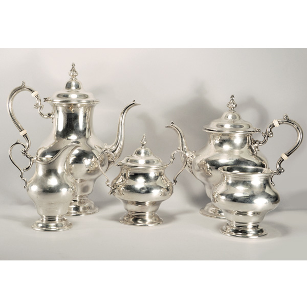 PURITAN, Gorham, 5 pieces sterling silver tea and coffee set, patented in 1956. total approx. weight: 87.36 ounces troy of .925 sterling silver