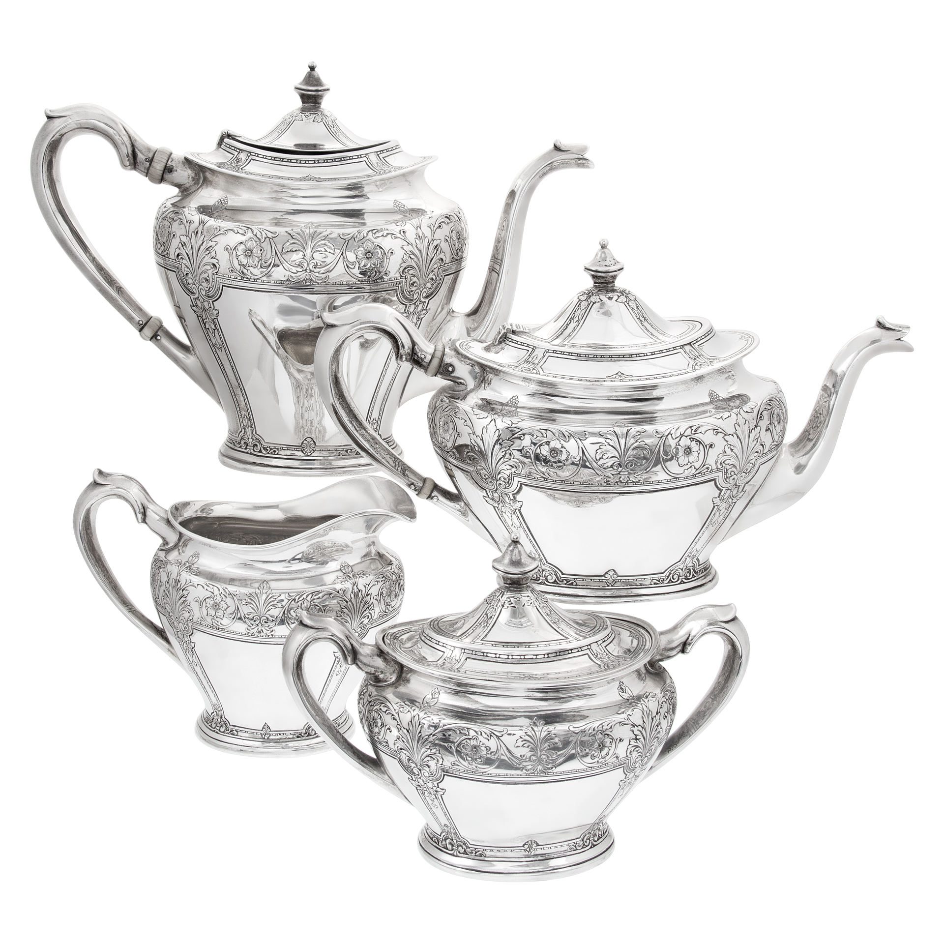 Victorian 4 pieces tea & coffee sterling silver set, by the Lebkuecher & Co Sterling Silver Company from Newark, New Jersey