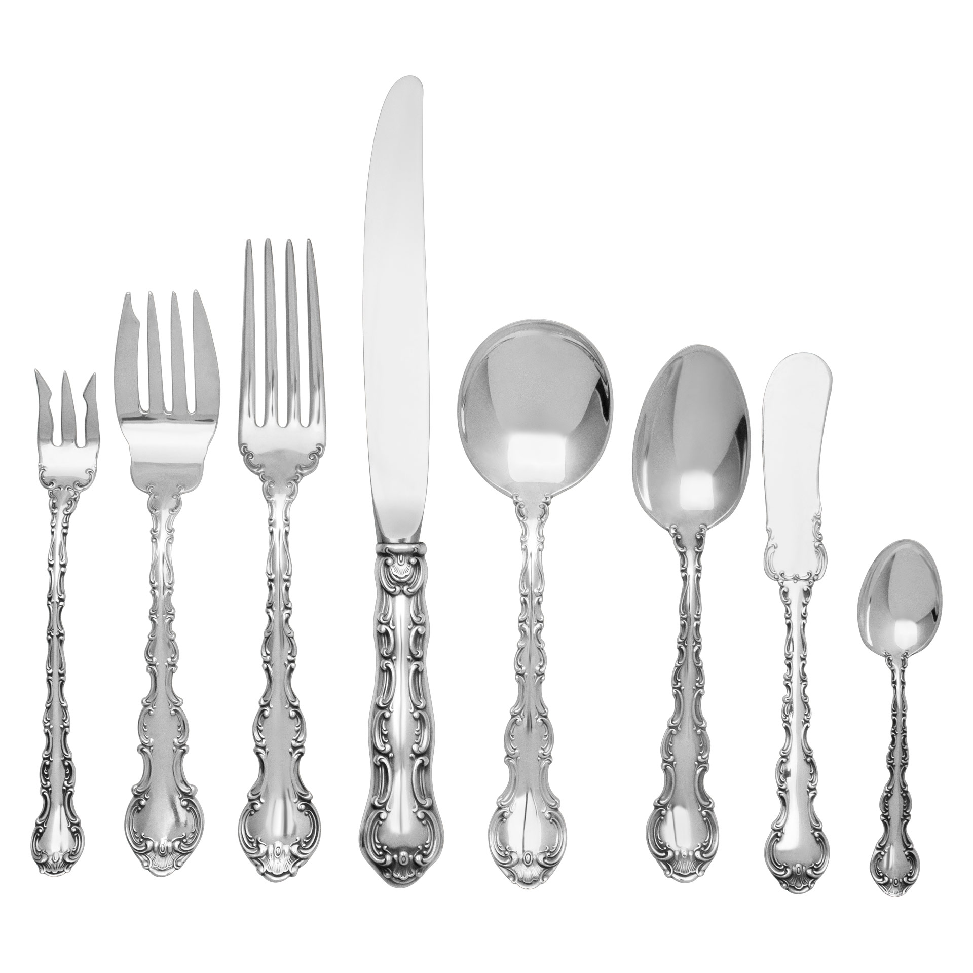 SUPER SIZED "Strasbourg" Sterling Silver Flatware set patented by Gorham in  1897-  8 Place setting for 12 (plus) with 18 serving pieces- Over 3300 grams sterling silver.