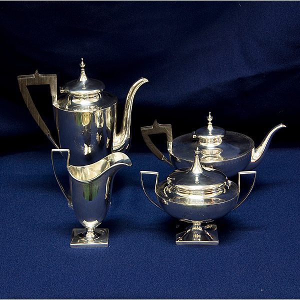 Vintage 4 piece Sterling Silver Tea Coffee Set w/ wood handles, total approx. weight: 26.75 oz troy