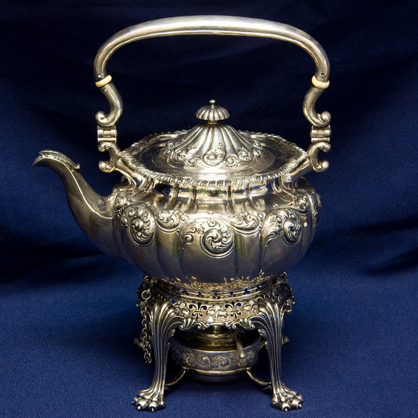 1890 Repousse Fabulous Ornate Solid Sterling Hot Water Kettle & Stand w/ burner 40.93 oz troy