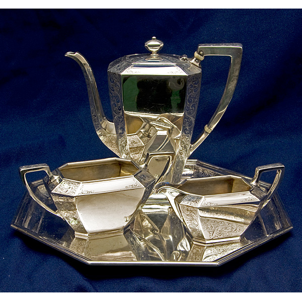 Antique Sterling silver "Tete a Tete" 3 pieces coffee set with original hexagonal matching sterling silver tray in the "SCROLL" pateern patenteds in 1886 by Durgin