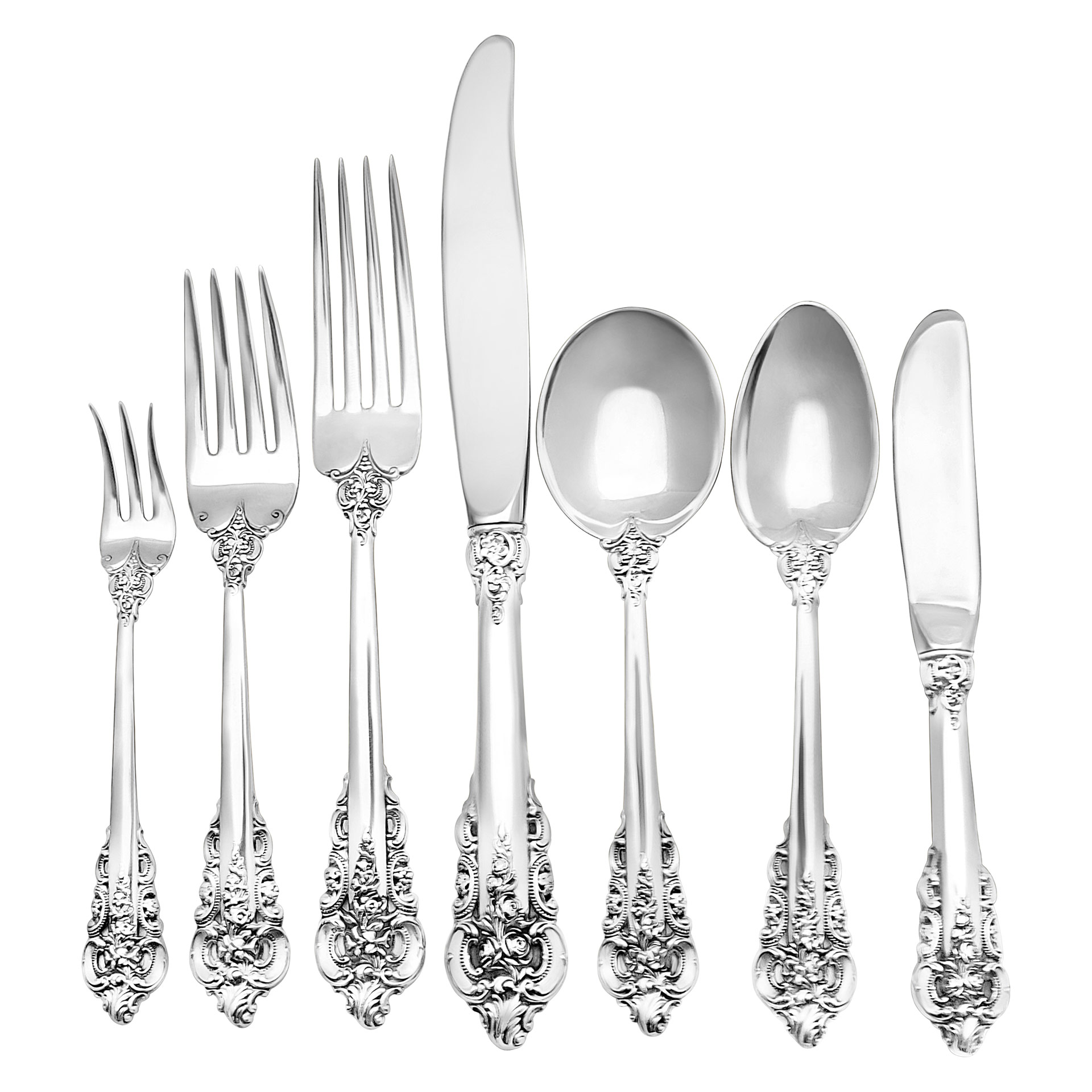 "GRANDE BAROQUE" Sterling Silver Flatware Set. Ptd 1941 by Wallace. 7 place setting for 12 with 8 serving pieces. Over 3500 grams sterling silver.