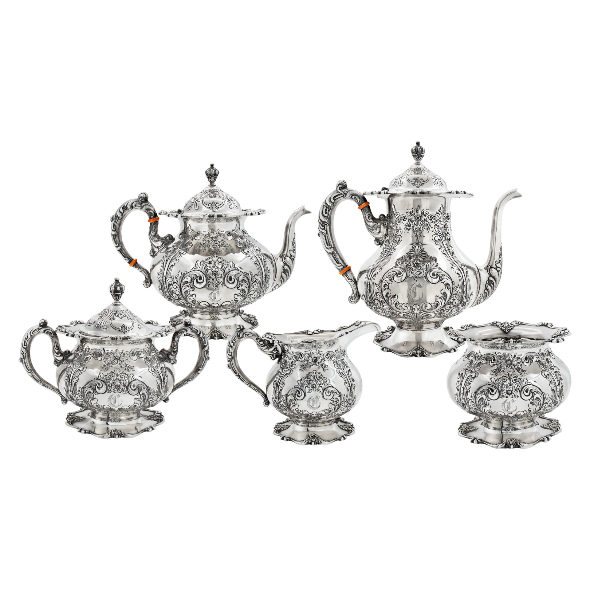 Frank M. Whiting 5 pieces hand chased heavy sterling silver tea set. Circa 1900- Over 137 troy ounces of .925 sterling silver.