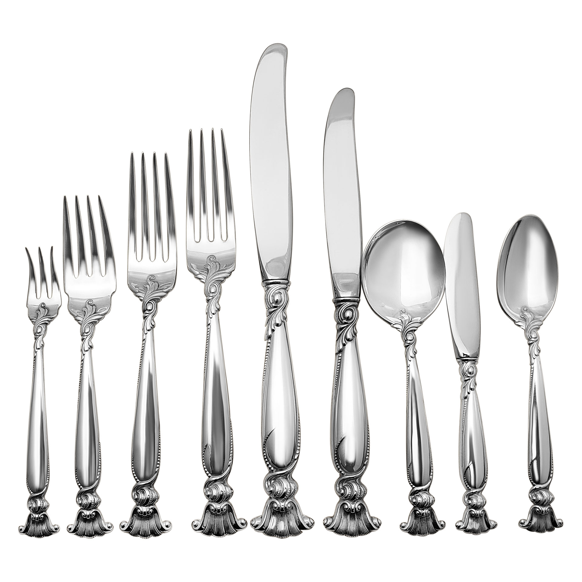 "ROMANCE OF THE SEA" Sterling Silver flatware set patented in 1950 by Wallace. 8 Place setting for 12 (4 are for 24) + 6 serving pieces. 165  pieces total. LUNCH & DINNER SET.