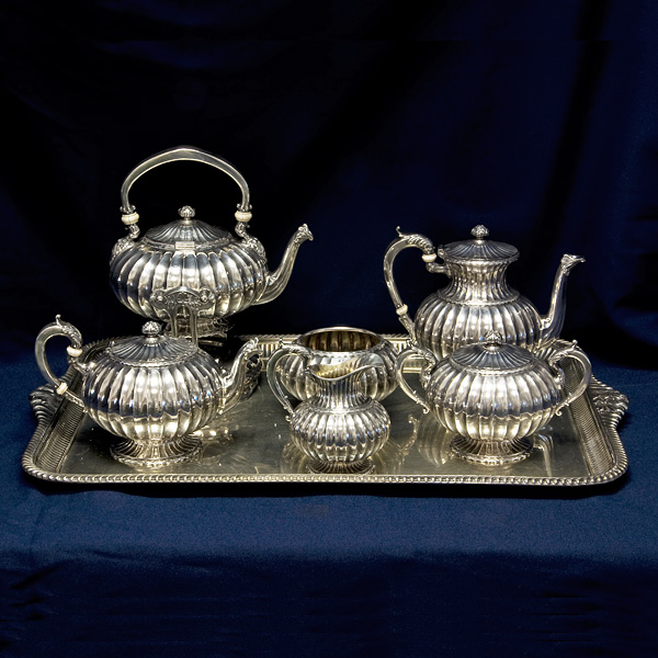 Gorham Sterling 6 piece tea set over 137 oz troy with silver-plated tray