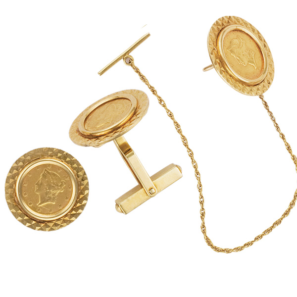 Cufflinks and Tie Tack in 18k yellow gold with a 1 dollar us gold coin framed in 18k yellow gold