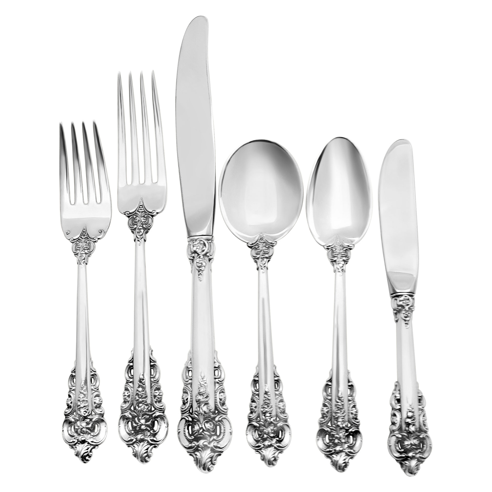 "GRANDE BAROQUE" Sterling Silver Flatware- Patented in 1941 by Wallace. 6 place setting for 10 with 10 serving pieces-- 75 pieces total