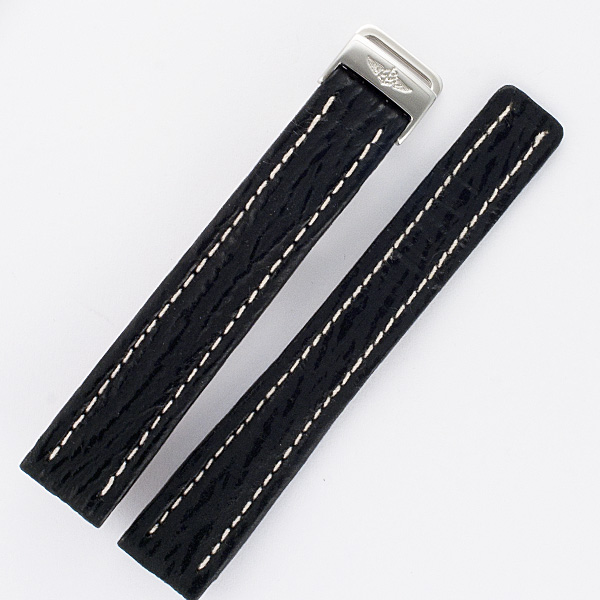 Breitling black shark skin strap with white stiching and stainless steel deployant buckle (15x14)