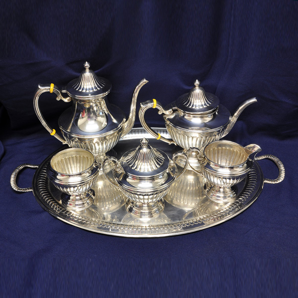 OLD LONDON ENGRAVED, Gorham, 6 pieces tea and coffee steling silver set (with tray), patented in 1916, over 148 troy ounces of .925 sterling silver.