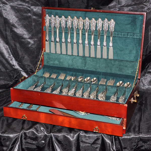 Wallace "Grande Baroque" Sterling Silver Flatware Set .5 Place Setting For 12. w/ 6 Serving Pieces.