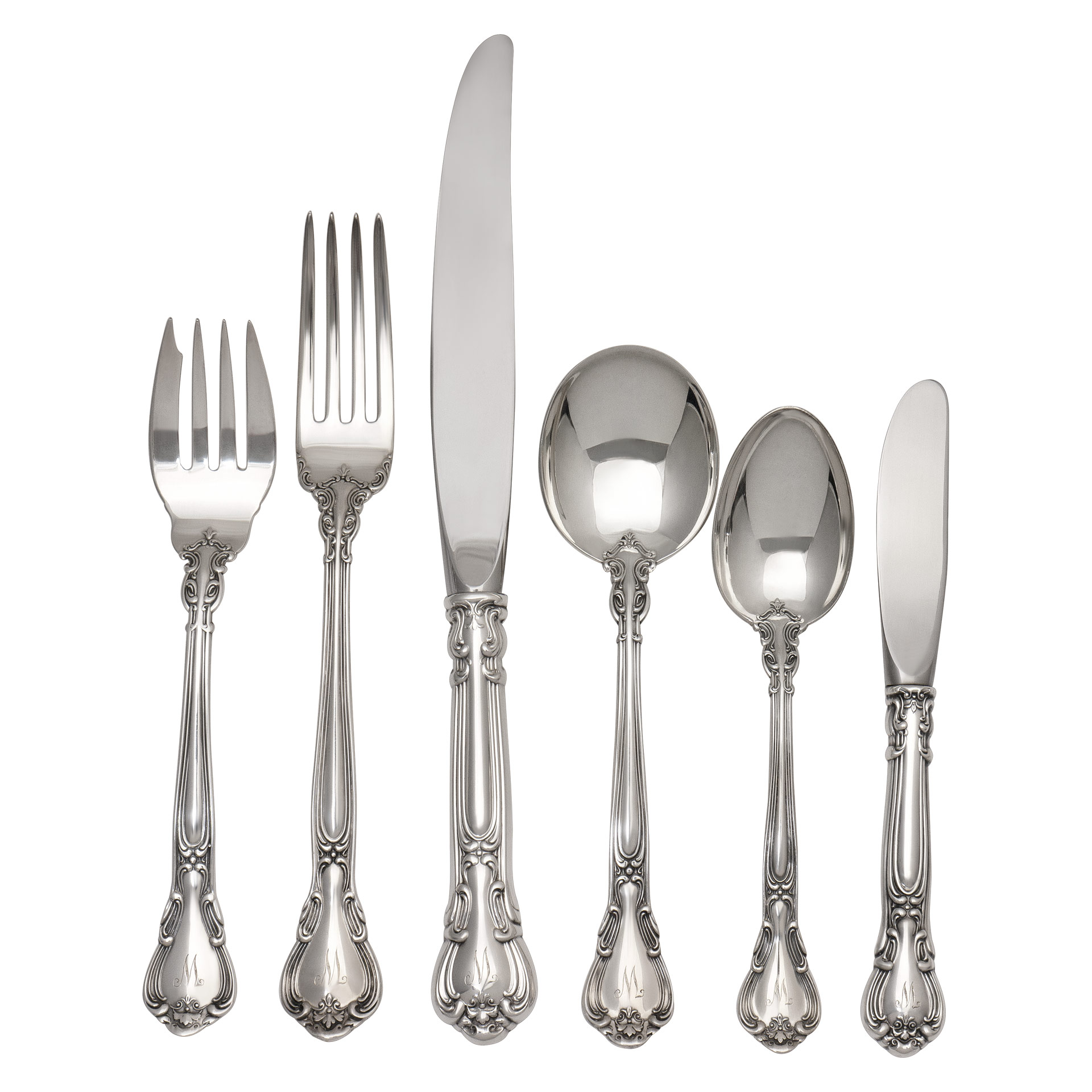  "Chantilly" Sterling Silver Flatware Set. Patented in 1895 by Gorham- 4 x 12 (incomplete) + 7 serving pieces- Over 2700 grams sterling silver.