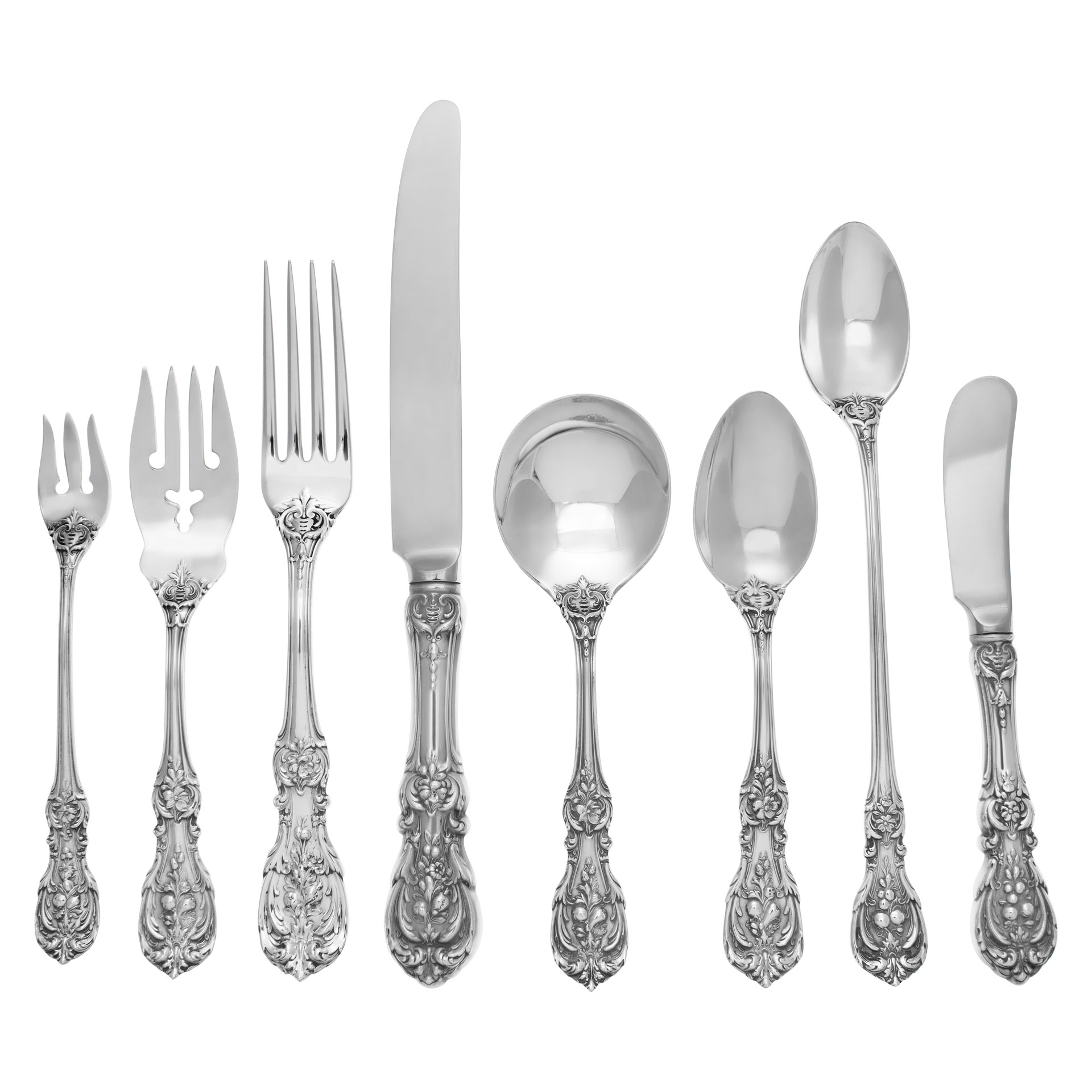 "FRANCIS THE FIRST" Sterling Silver Flatware set patented in 1907 by Reed & Barton- 5 places setting for 16 (with xtras) and 9 serving pieces. Over 6000 grams (193 troy ounces) sterling silver-.
