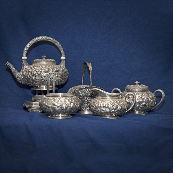 GORHAM Sterling "Repousse Chased" 4pc Tea Set w/Kettle & Stand, Sugar Bowl, Waste Bowl & Creamer