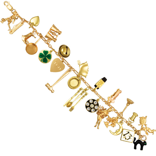 Assorted charm bracelet in mostly 14k (few charms are 10k) with key, heart, piano, moon, etc.