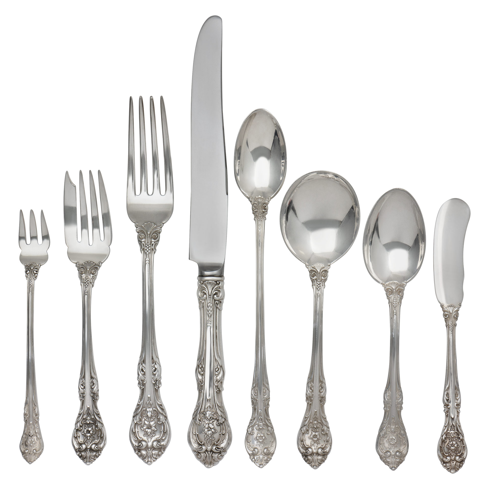 KING EDWARD Sterling Silver Flatware set patented in 1936 by Gorham- 121 pieces total. 8 Place setting for 10 + 5 Serving Pieces