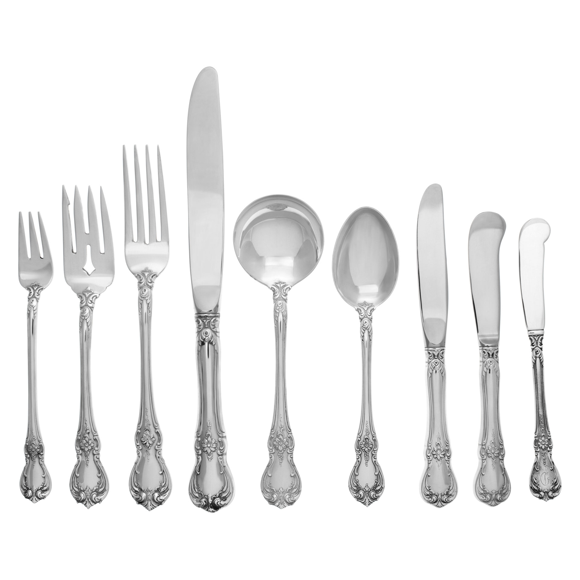 "OLD MASTER" Sterling Silver Flatware Set, Ptd in 1942  by Towle Silversmiths. 128 PIECES TOTAL- 6 Place Settings for 20 (xtra) + 7 Serving Pieces- 162 ounces troy of .925  Sterling Silver.TOTAL 139 pieces.