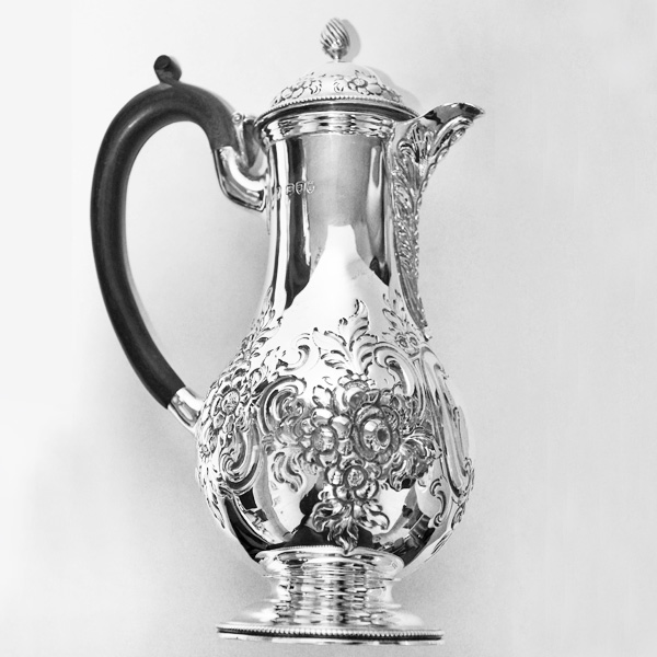 "Tete" a "tete" Sterling Silver Pot(small imperfection)for two with sugar thongs&6 Demitassee spoons