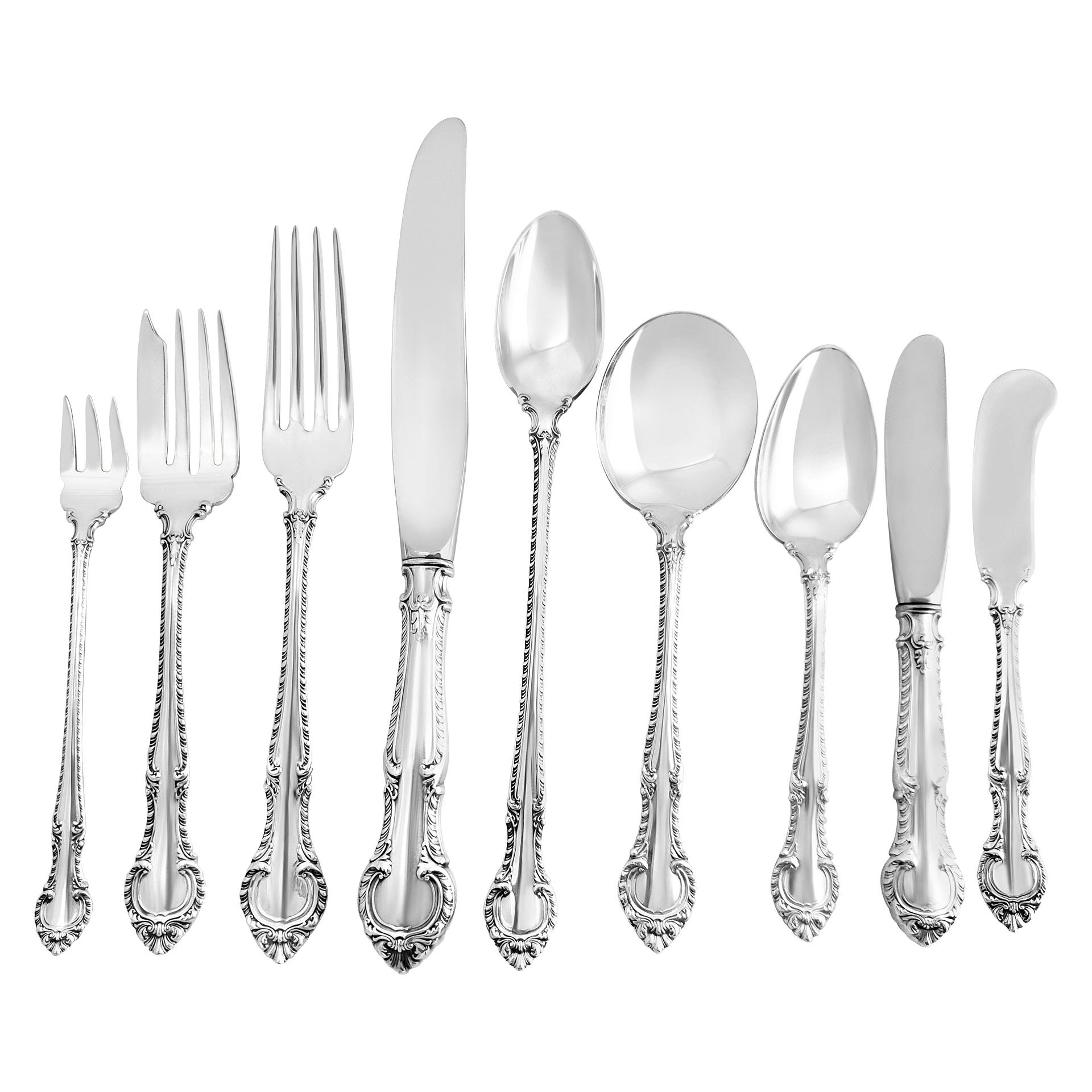 "ENGLISH GADROON" sterling silver flatware set by Gorham, patented in 1939- 8 place setting for 12 + 18 serving  pieces.