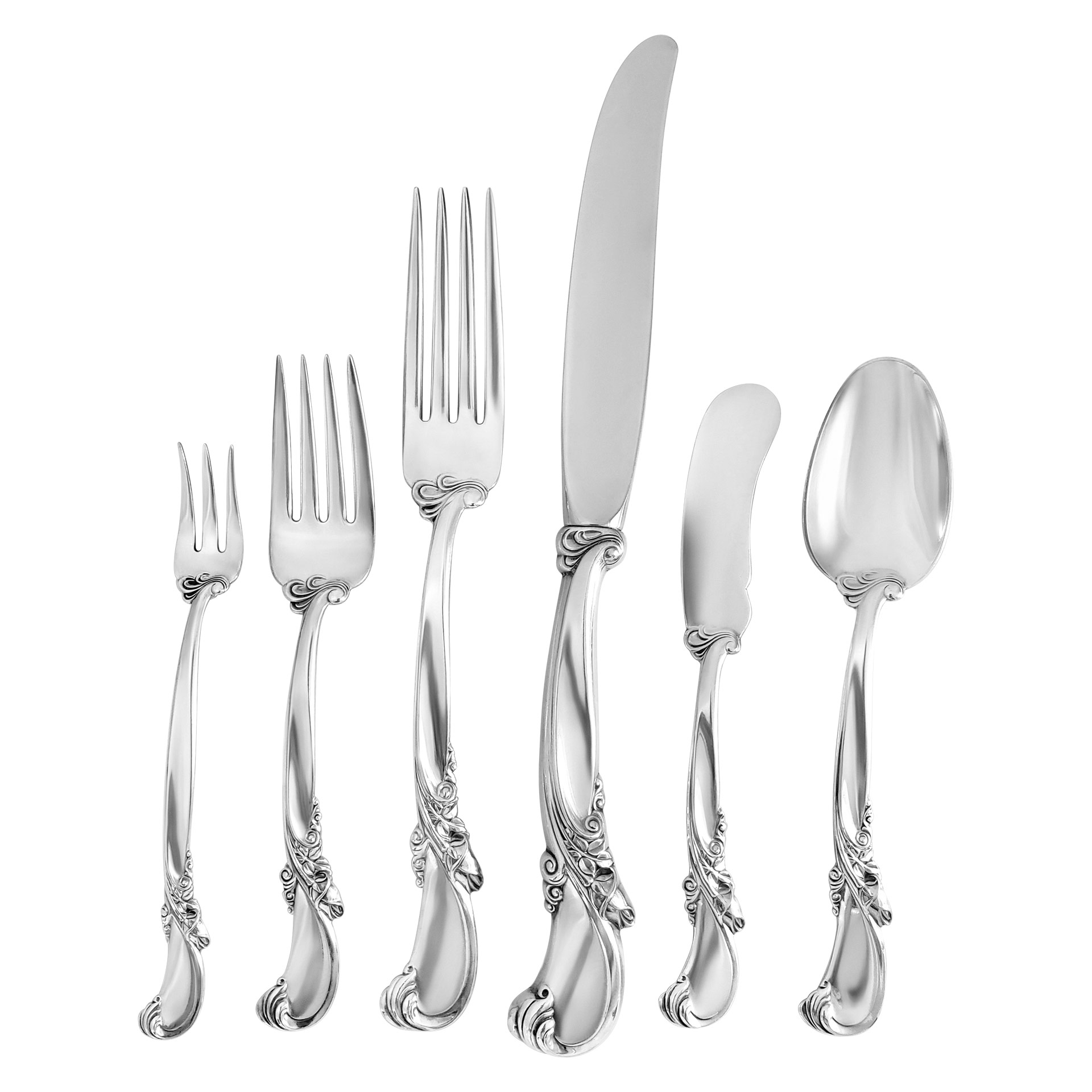 "WALTZ of SPRING" sterling silver flatware set patented by Wallace in 1952- 6 Place Setting x 12 + 5 serving pieces. Over 2900 grams sterling silver.