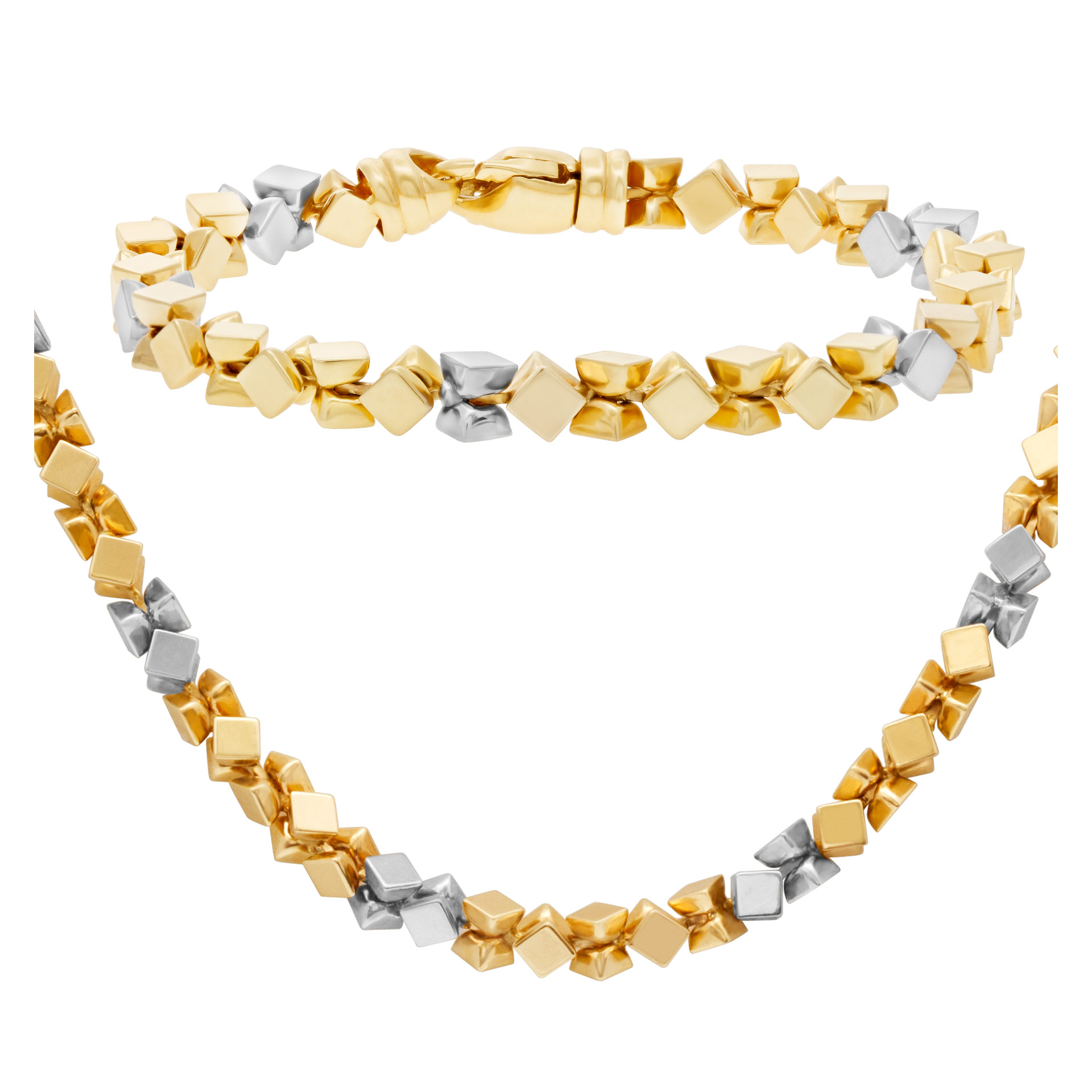 Geometric necklace and bracelet SET in 14k white and yellow gold.