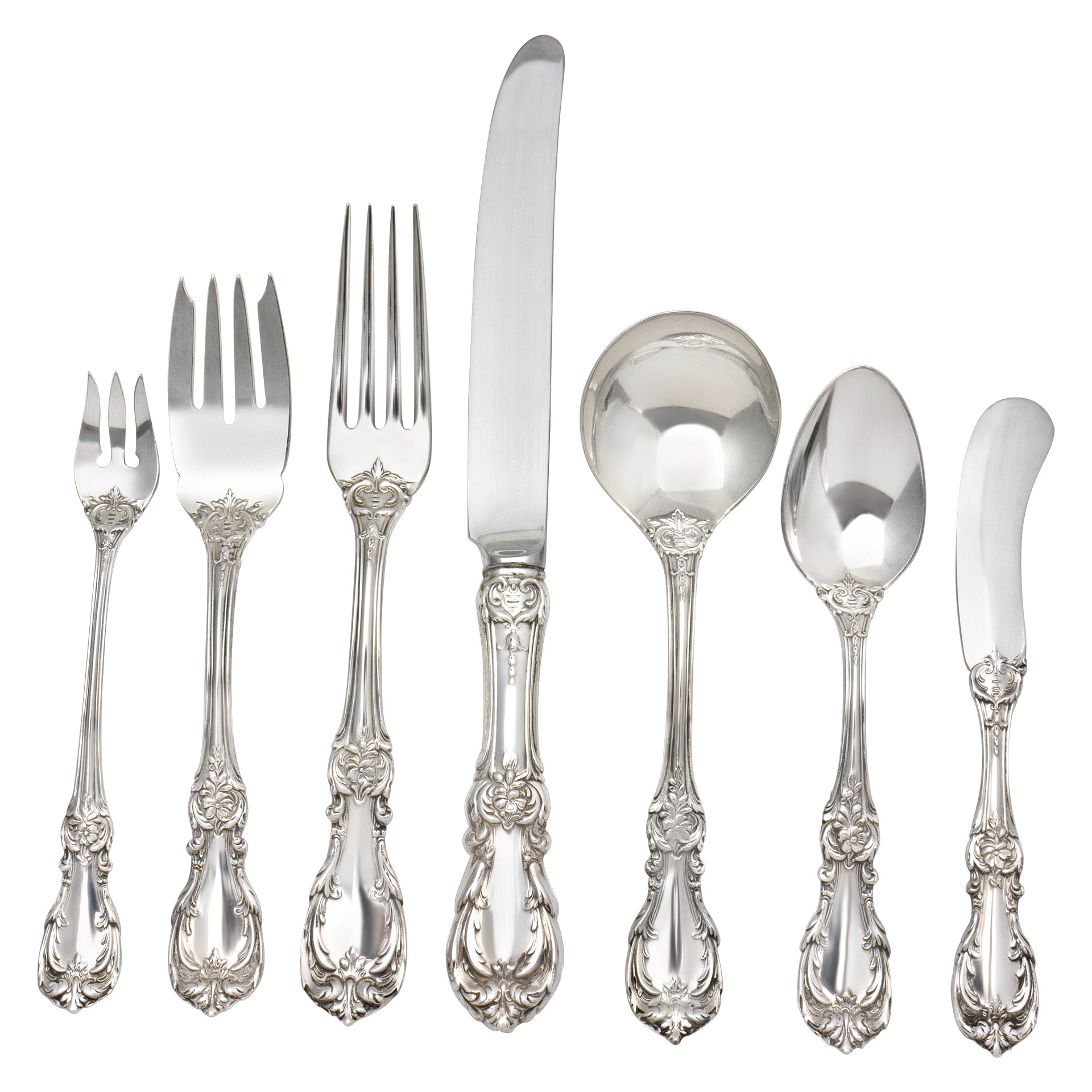 BURGUNDY" sterling silver flatware set,  Ptd in 1949 by REED & BARTON- 7 Place Settings for 12 + 7 serving pieces. Over 120 ounces troy sterling silver