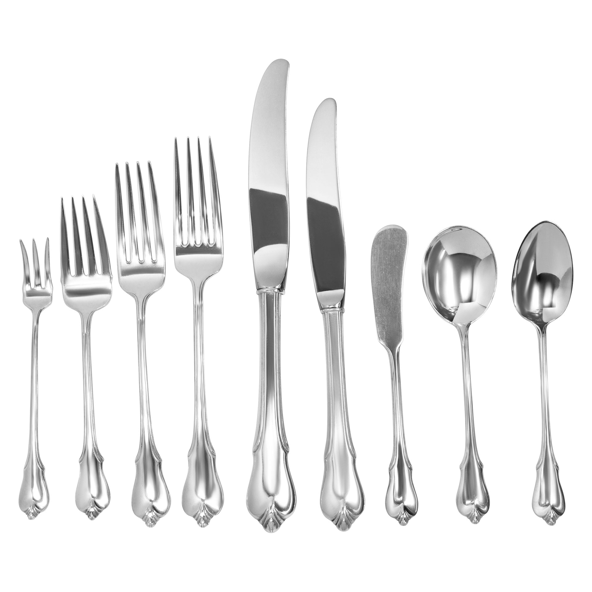 "GRAND COLONIAL" sterling silver flatware set patented in 1942 by WALLACE- 115 pieces total-  9 Place setting for 12 (dinner & lunch) + 7 Serving Pieces. Approx. 160 ounces troy of .925 sterling silver.