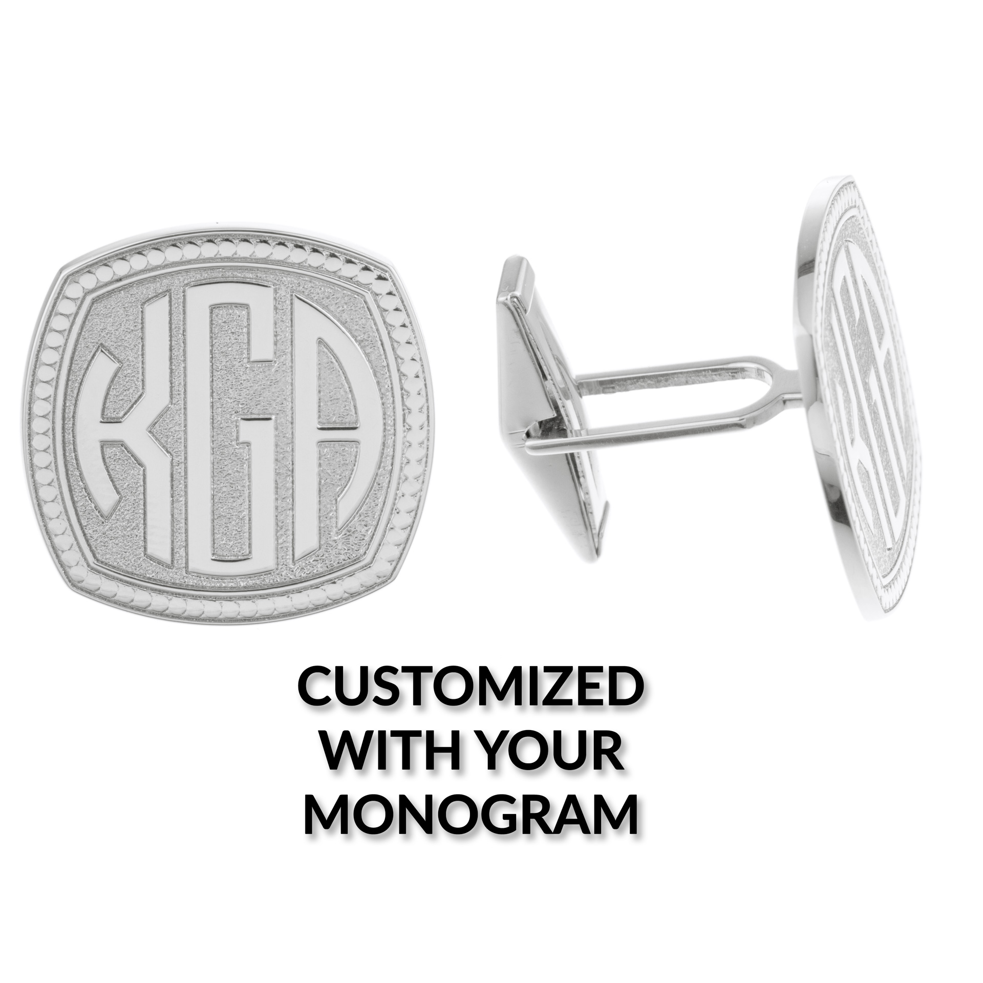 Pair of monogrammed "KGA" cufflinks in 18K white gold. Square, cushion-form centered,