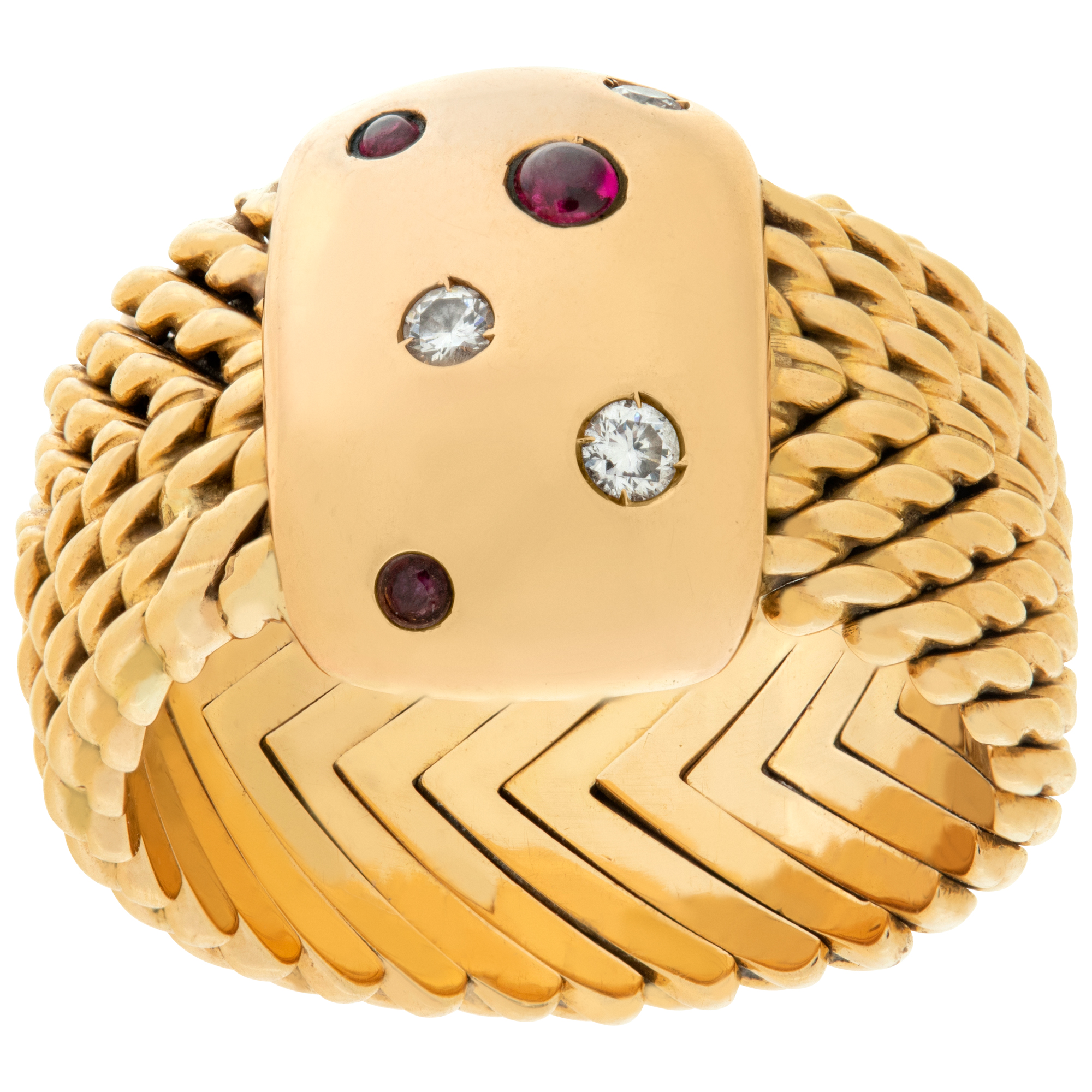 Ruby and diamond mesh ring in 18k yellow and rose gold