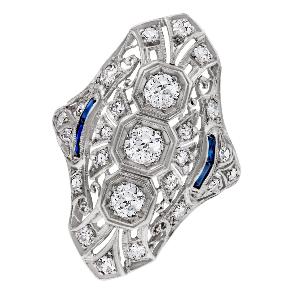 Art Deco diamond cocktail ring with 3 centered diamonds