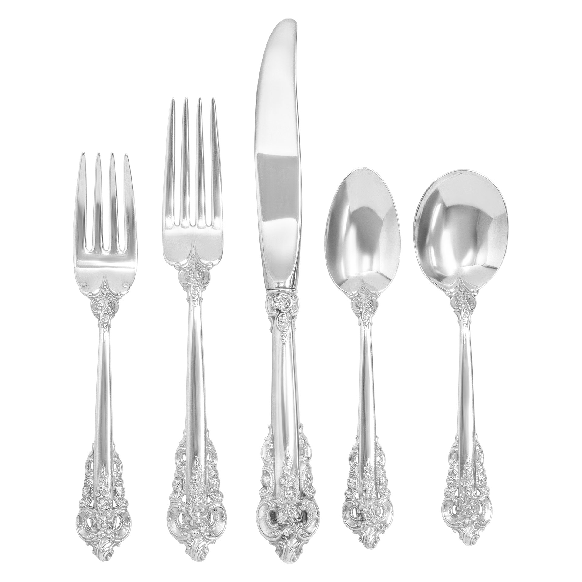 "GRANDE BAROQUE" Sterling Silver Flatware Set by Wallace, patented in 1941. 5 place settings for 12 with xtra. TOTAL 76 pieces.
