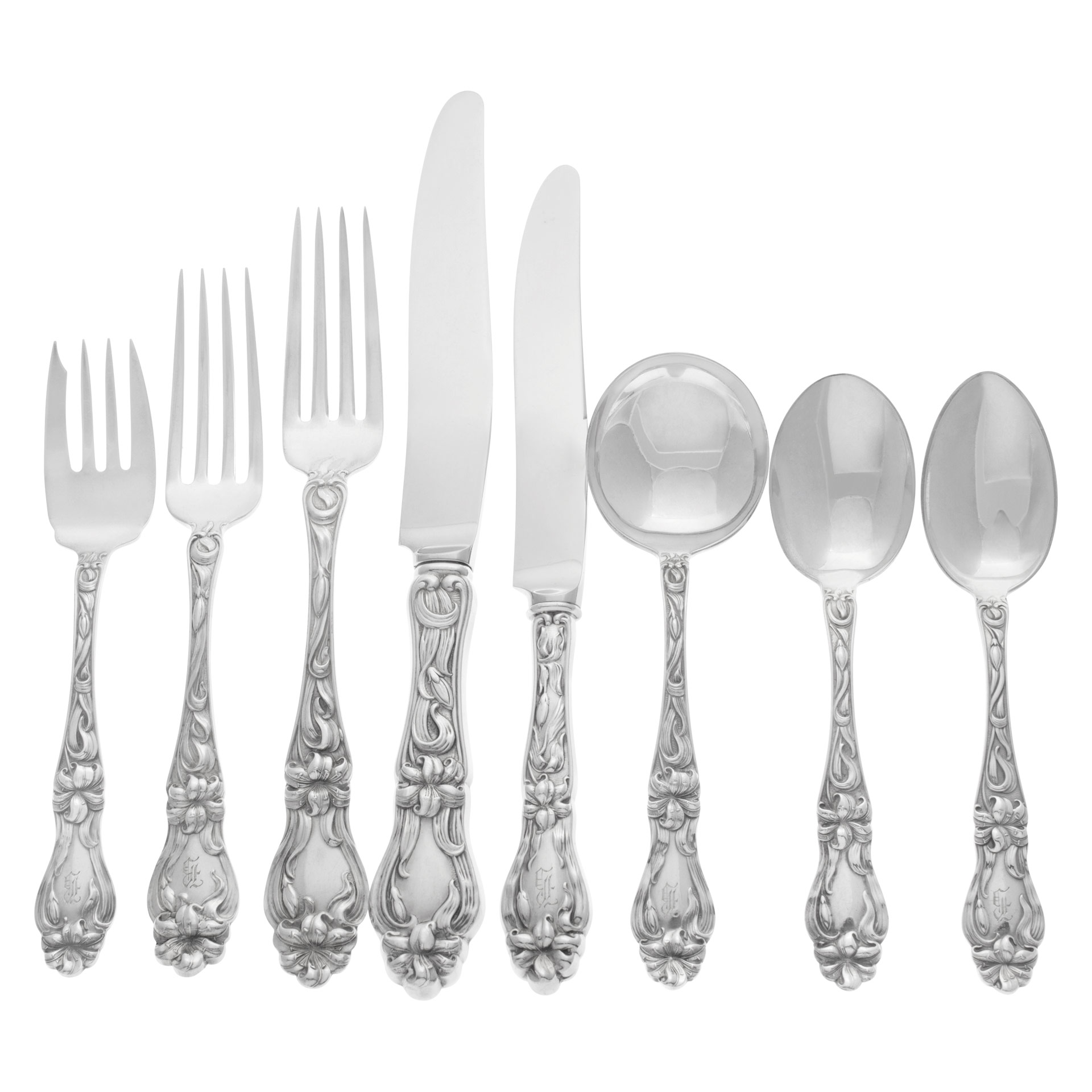 "LILY" Sterling flatware set ptd in 1910 by Frank M Whiting.  Almost complete 8 Place setting for 12 (Dinner & Lunch) + 5 Serving Pieces - 108 pieces total-