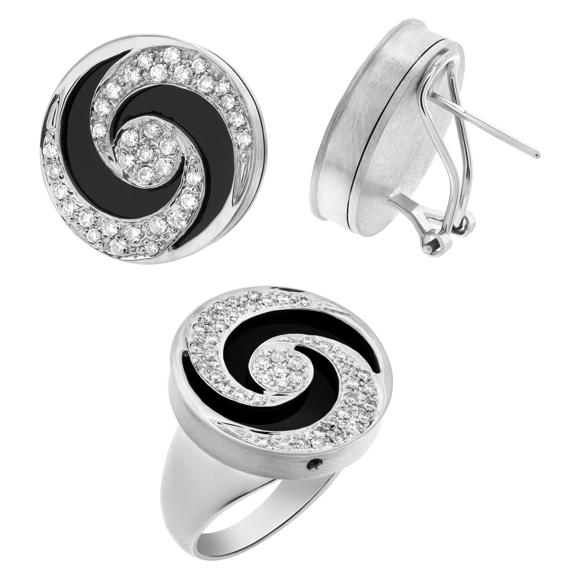 Mesmerizing diamond and black onyx swirl earring and ring 3 pieces set in 18K white gold.