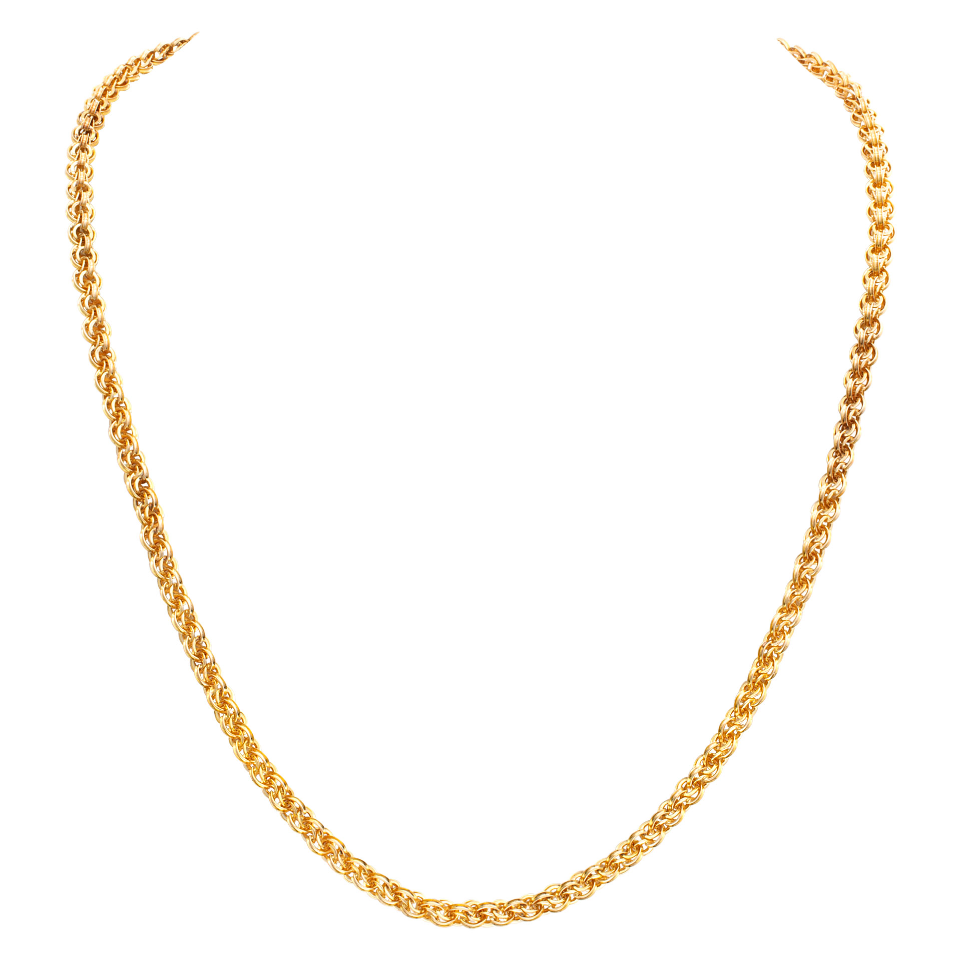 Intricate 14k yellow gold link necklace. Width: 4.8mm. Length: 20 inches.
