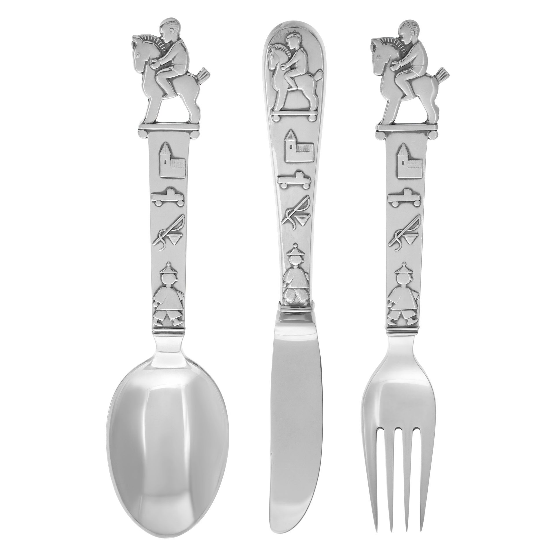 Silver spoon baby's best gift. Figural Danish sterling silver 3 pieces youth set by COHR. Knife.spoon & fork.