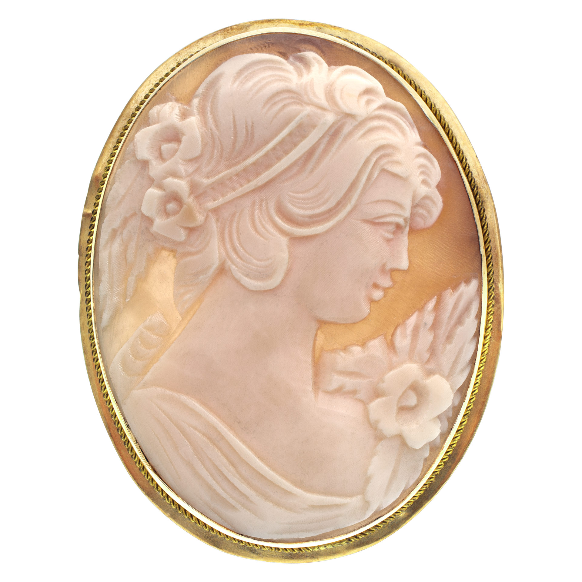 Victorian Shell Cameo portrait of a beautiful maiden, broach/pendant set in 14k yellow gold.