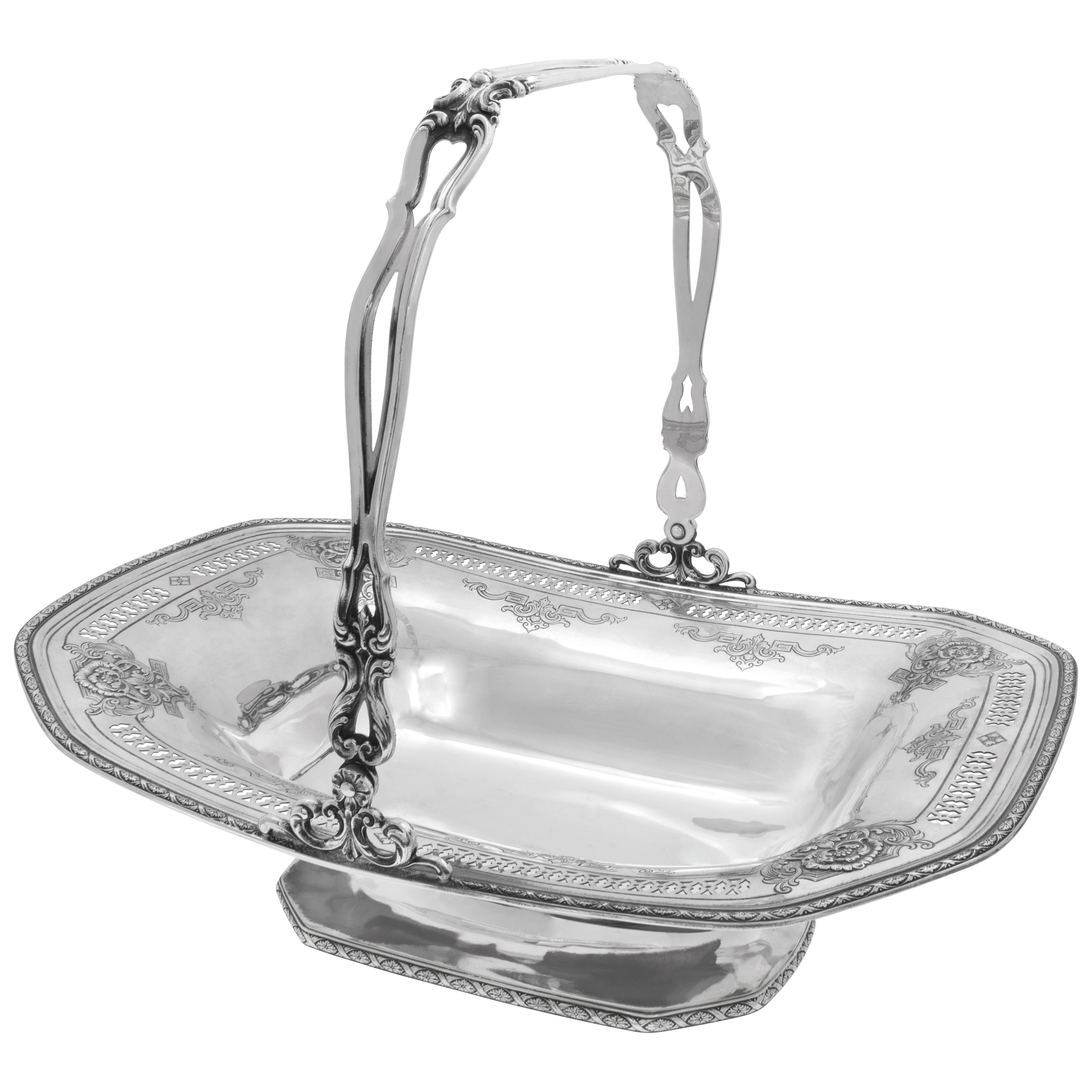 Antique D'ORLEANS or LOUIS XIV pattern, footed sterling silver center piece basket with handle by Towle Silversmiths. Circa 1923.