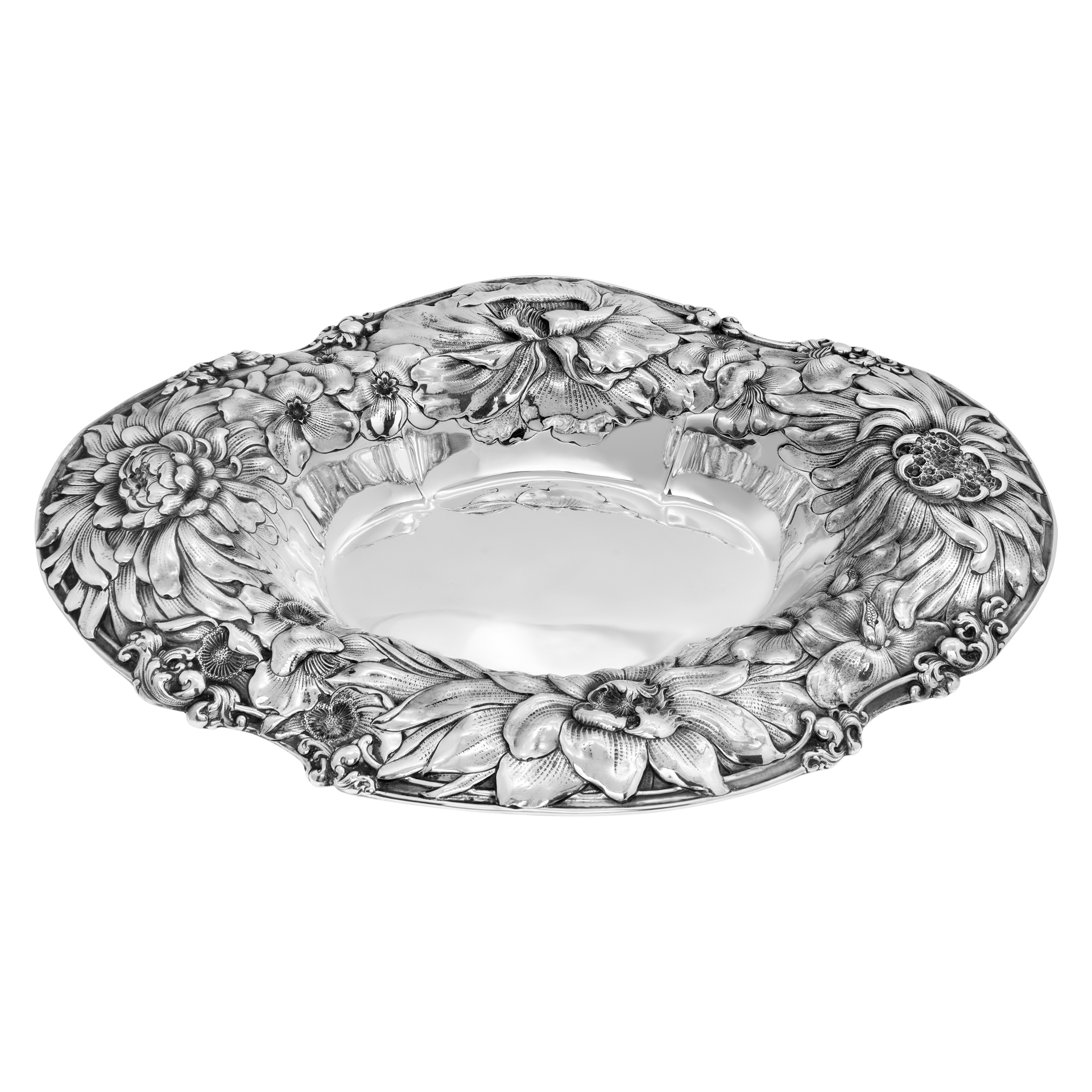 Antique IMPERIAL CHRYSANTHEMUM sterling silver oval bowl centerpiece, patented in 1894 by Gorham.