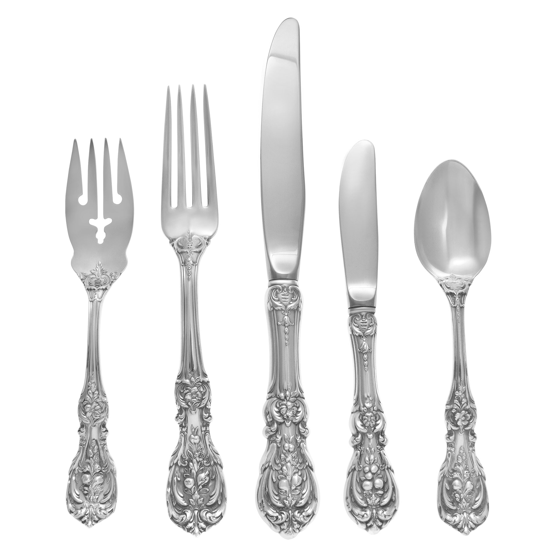 FRANCIS THE FIRST sterling silver flatware set patented in 1907 by Reed & Barton- TOTAL 58 PIECES- 4 place set for 10 (with xtras) and 5 serving pieces.