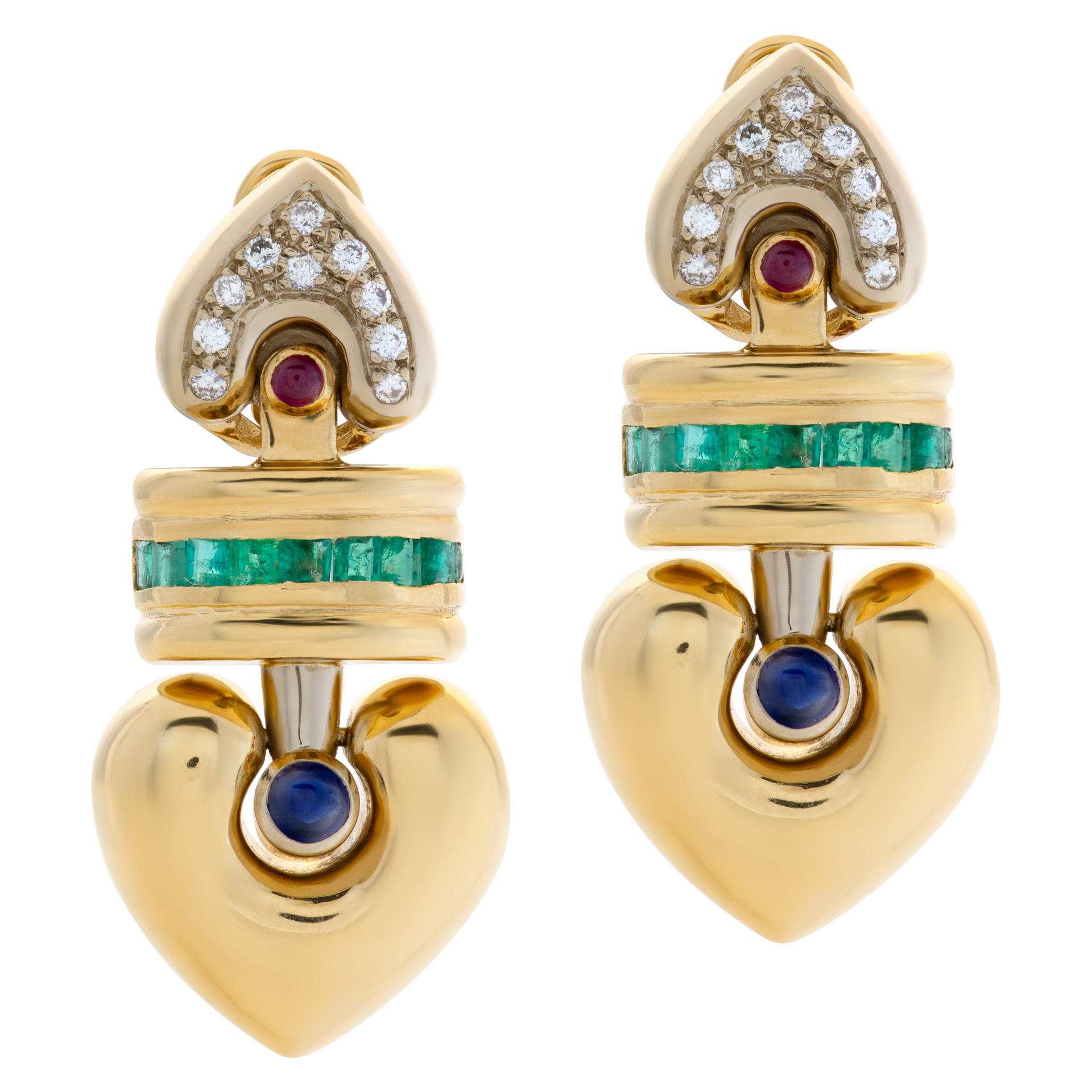 Heart earrings with diamonds, rubies, emeralds and sapphires