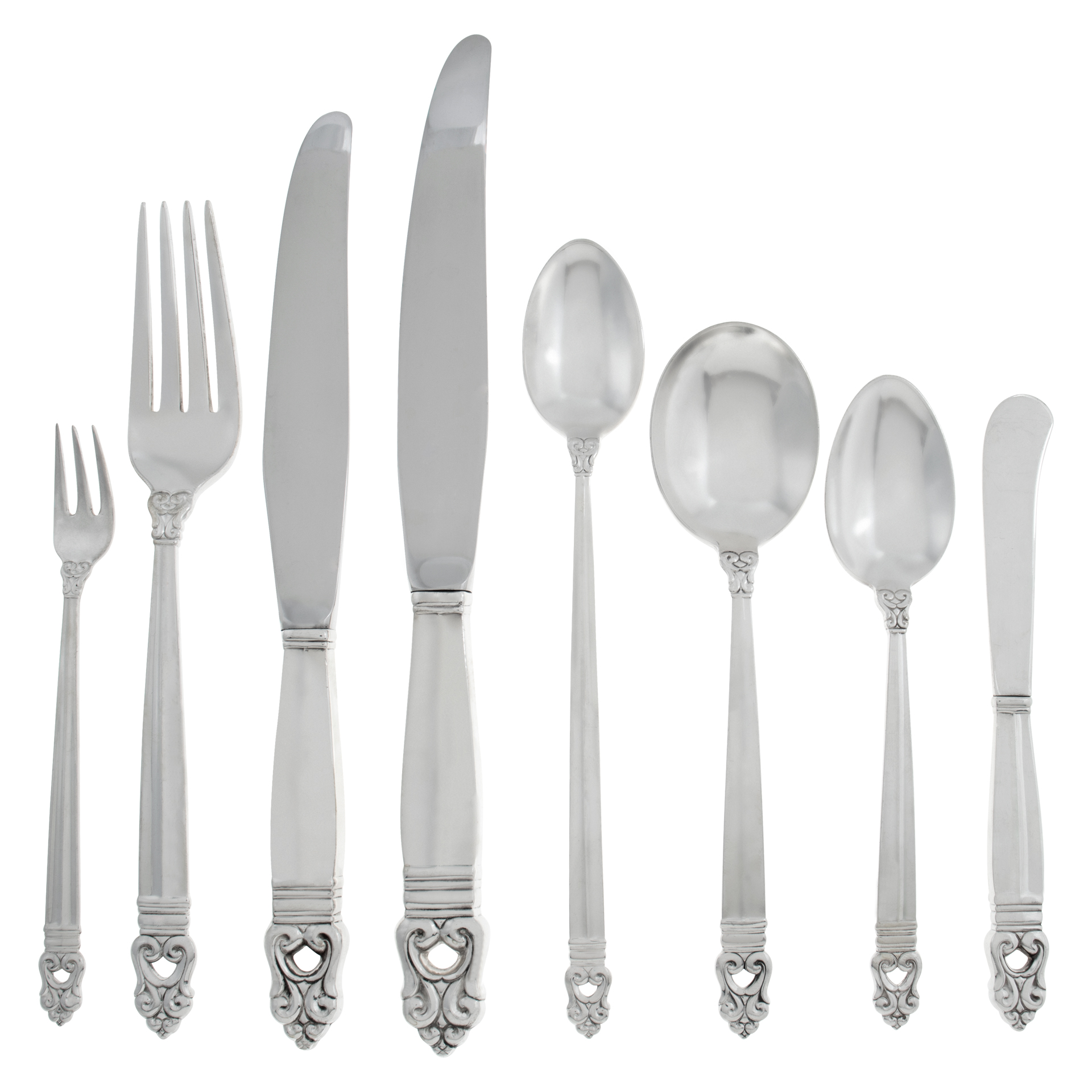ROYAL DANISH sterling silver flatware st, ptd in 1939 by International. 65 pieces, 7 place set x 8 + 12 Serving.