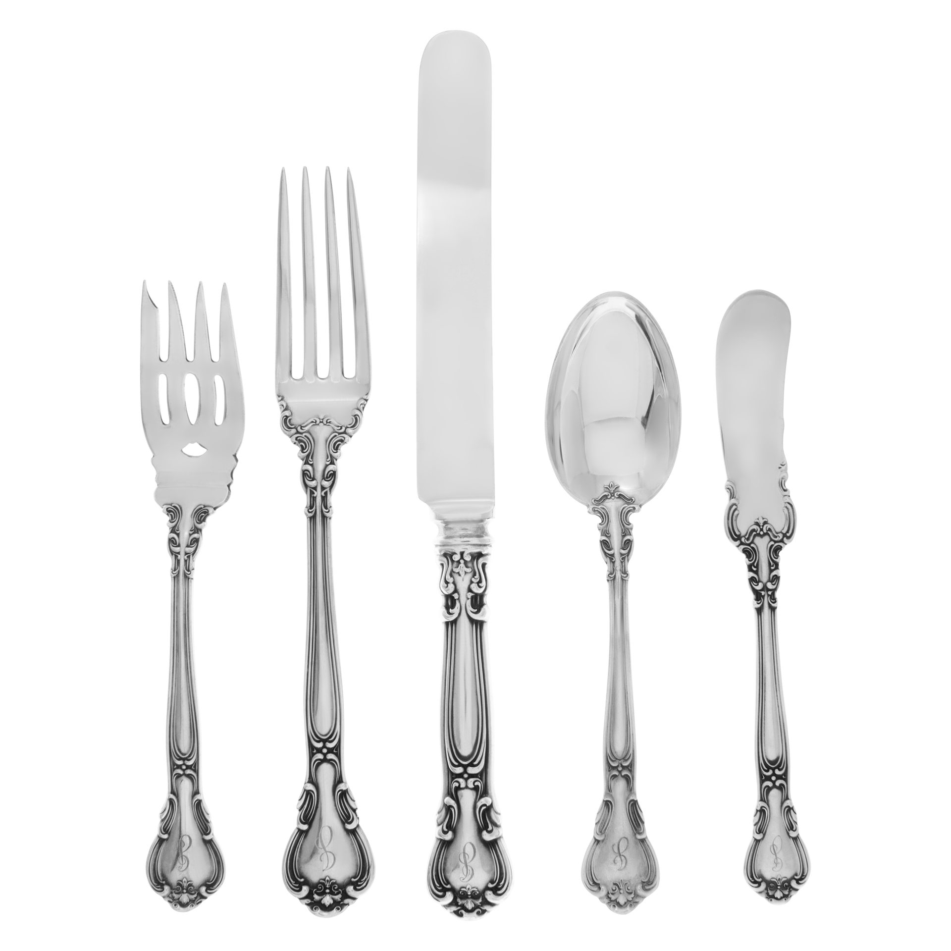 "CHANTILLY" antique sterling silver flatware patented 1895 by Gorham. 93 pieces total.