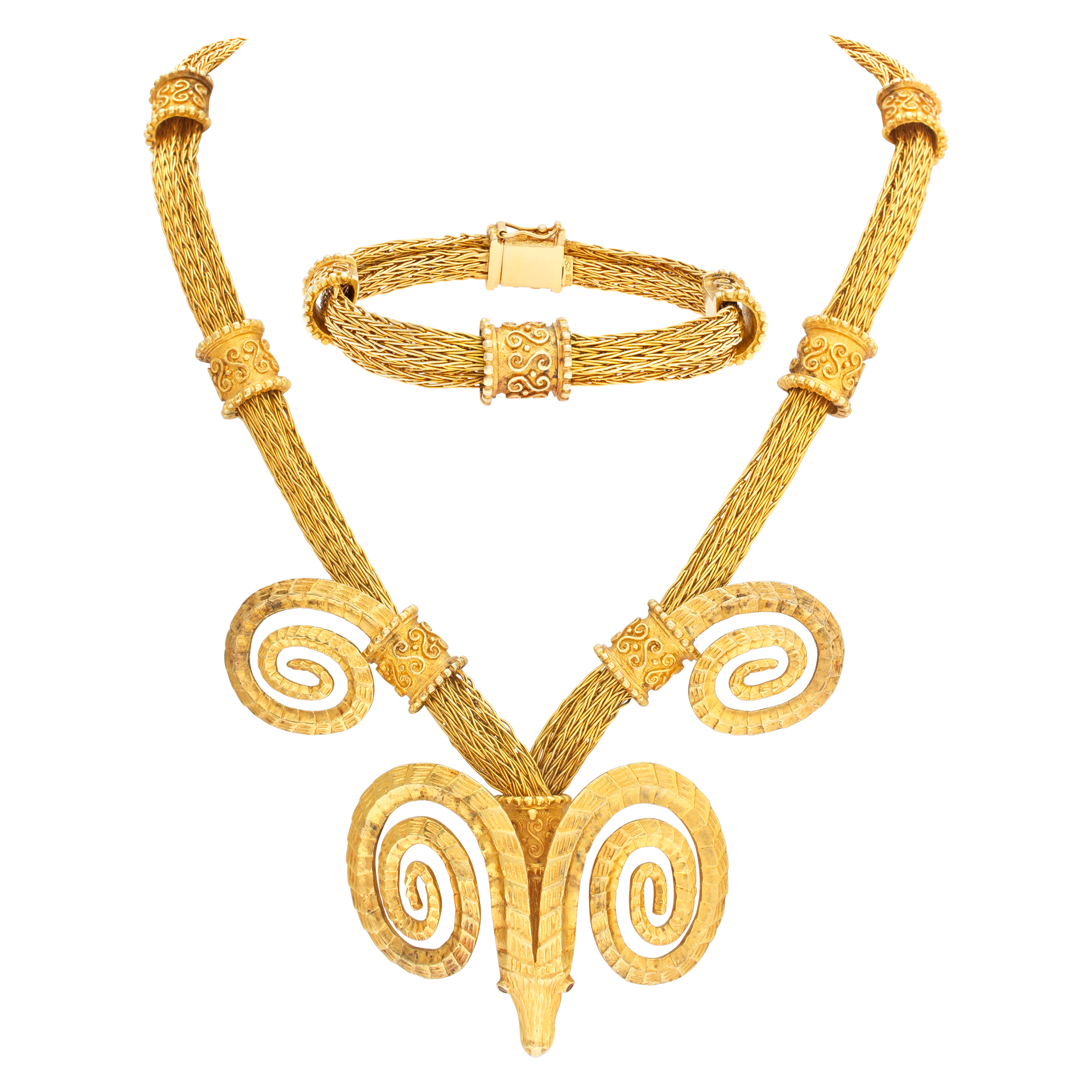 VIntage Greek Designer "LALAOUNIS" original "Ram's head" necklace & bracelet set  in solid 18kt yell