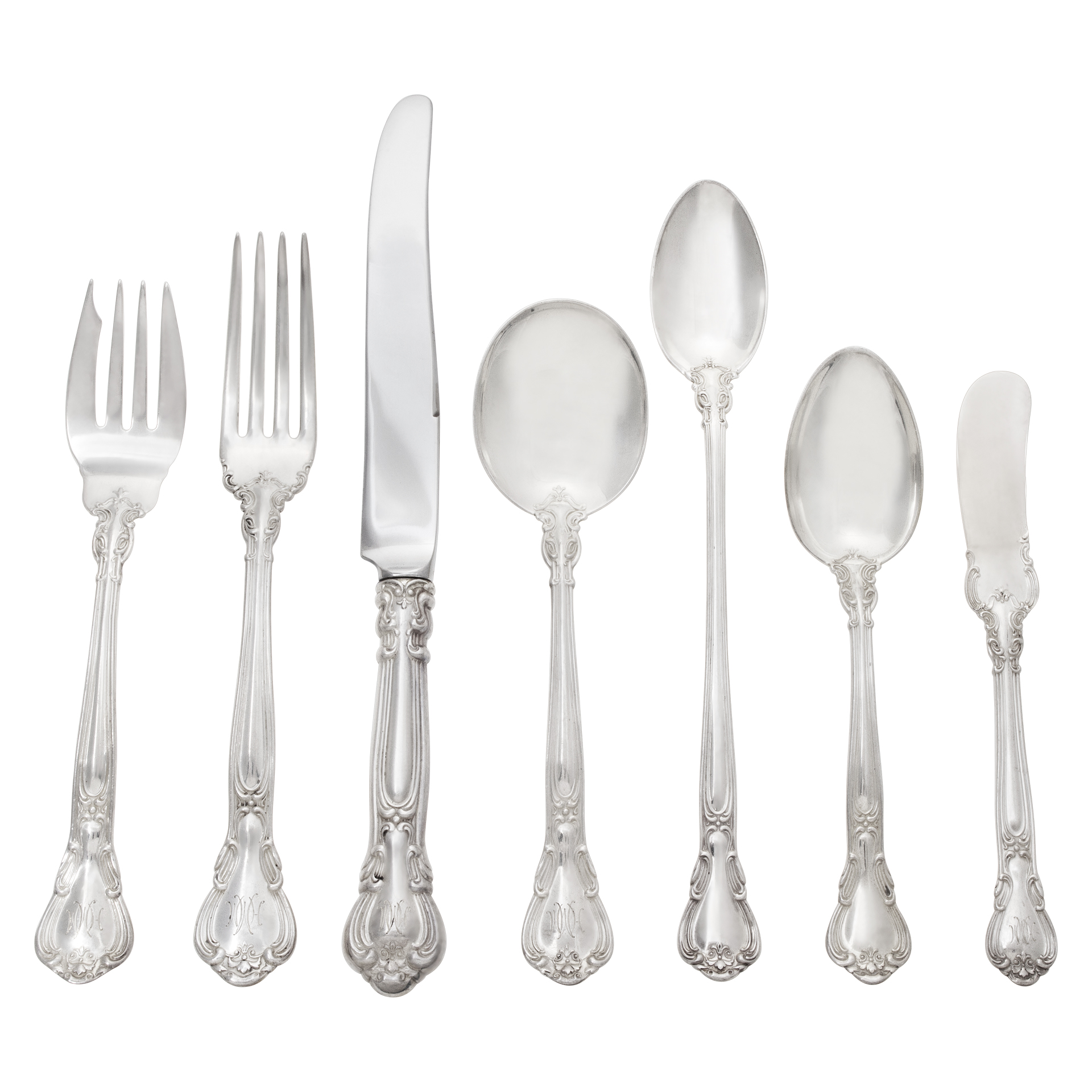 CHANTILLY sterling silver flatware set patented in 1895 by Gorham- 96 TOTAL PIECES- 7 Place Setting for 10 w/ 13 Serving pieces.