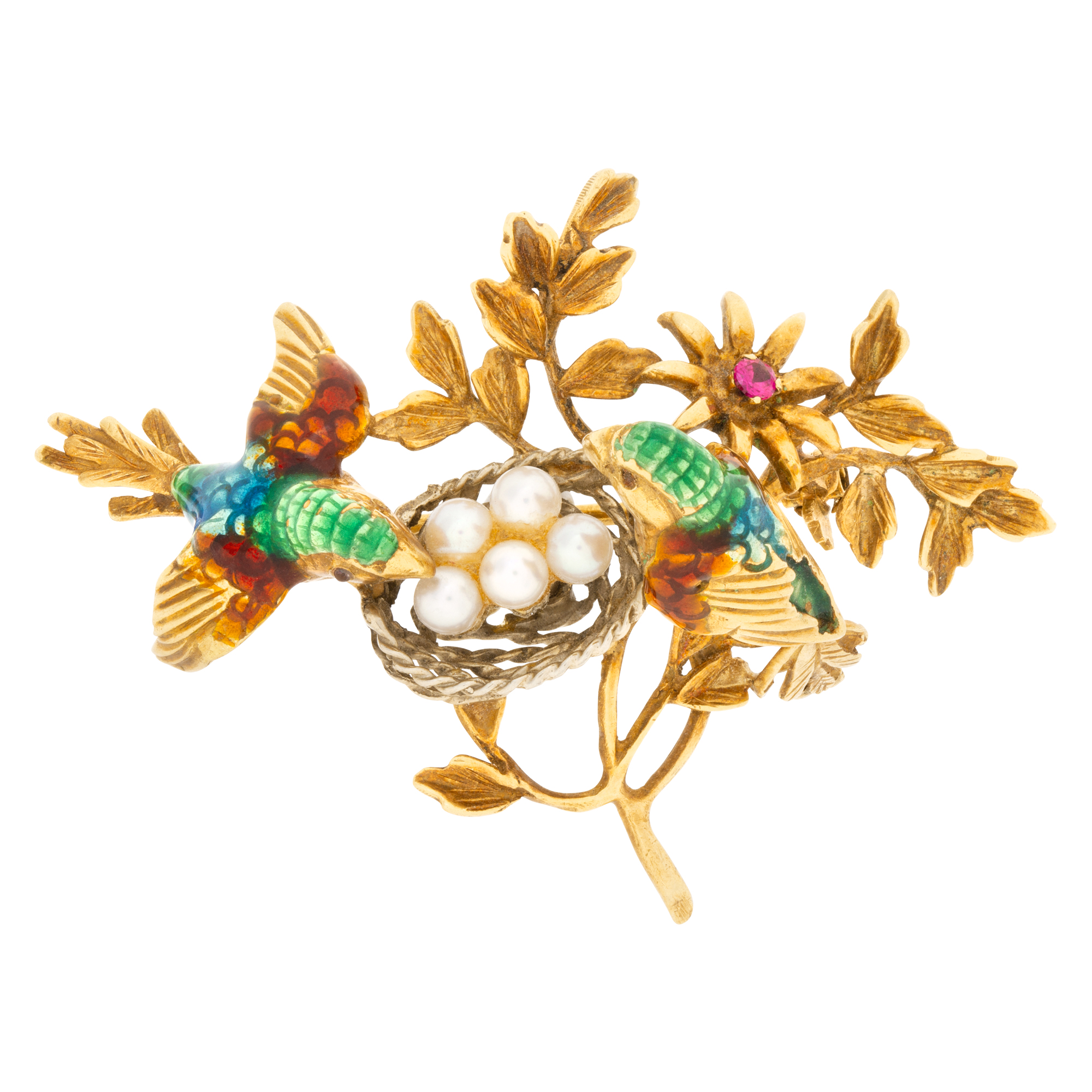 Vintage pearl, rubies enamel pin/brooch, in 18k white and yellow gold. two birds watching over their nest eggs
