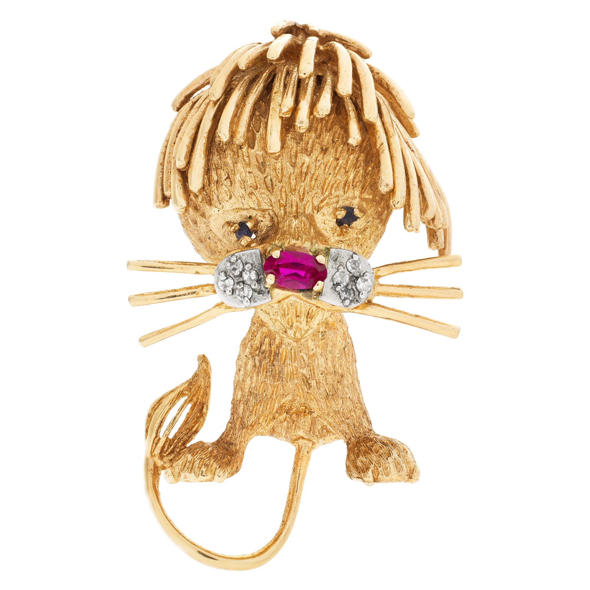 Fancy lion cub brooch in 14k with an oval ruby nose, diamond whiskers and emerald eyes.